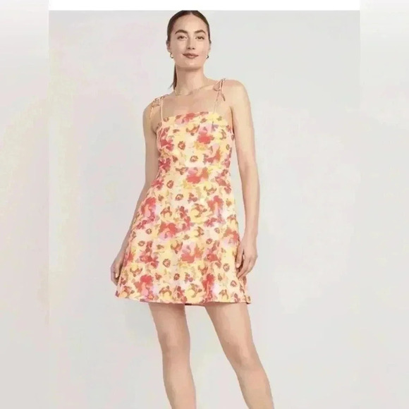 Pink Watercolor Floral Fit & Flare Floral Tie-Shoulder Mini Cami Dress S - Picture 1 of 14